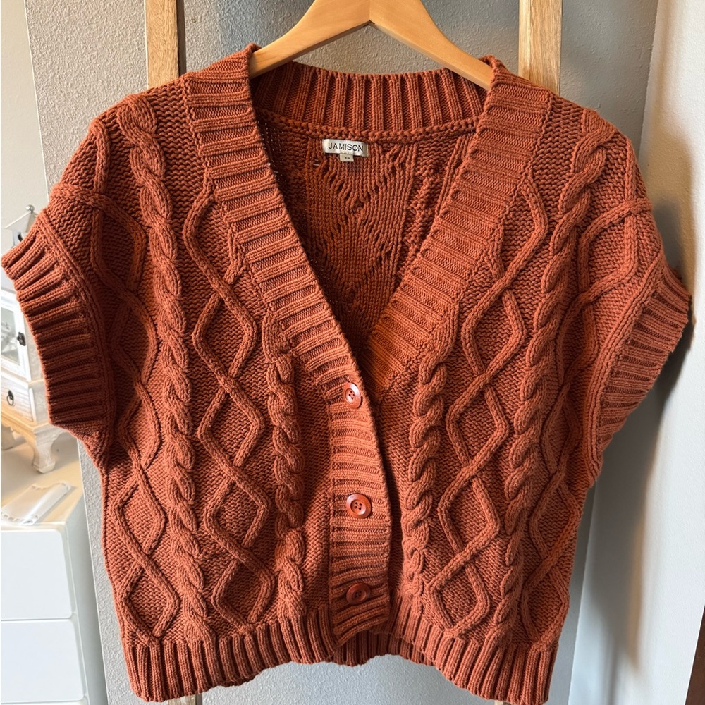 Jamison Cable Knit Sweater Vest Cardigan Rust Orange Button Front XS